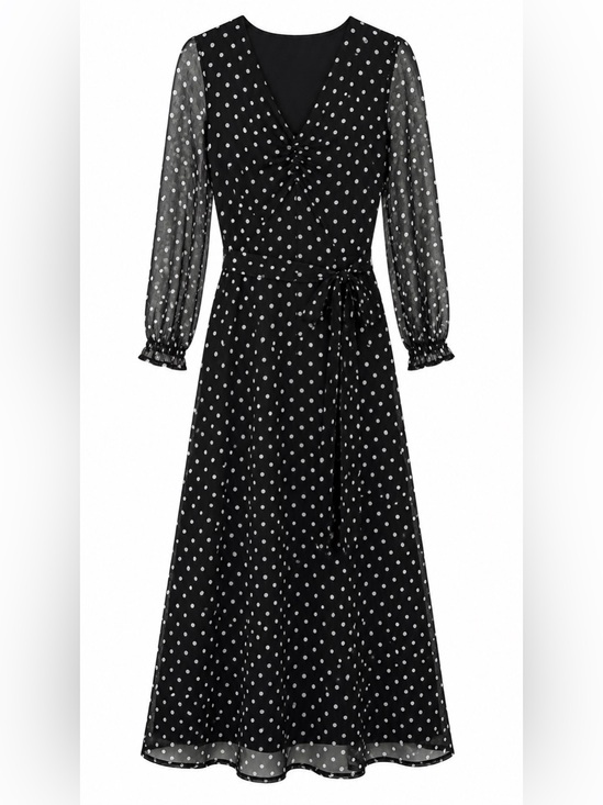 Harlow & Rose Dresses & Skirts - Harlow & Rose Black White Polka Dot Midi Dress Tie Waist Sheer Sleeve Size Small